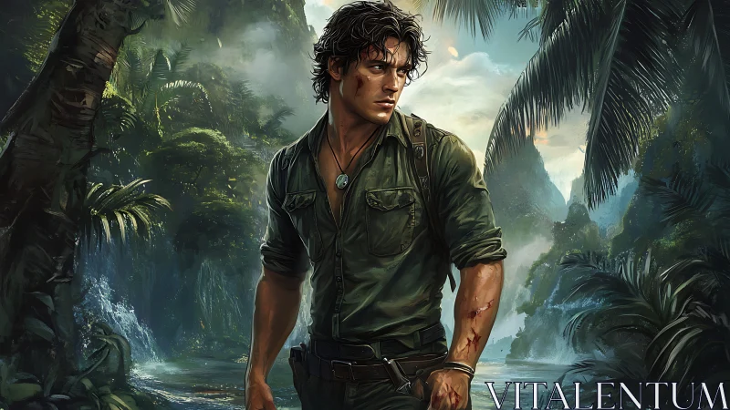 Battle-worn jungle explorer stands amid misty waterfall gorge