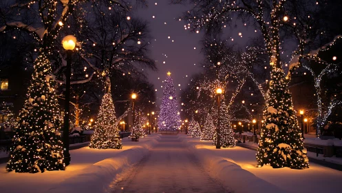 Snow-covered urban park walkway with illuminated Christmas trees