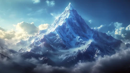 Sunlit icy mountain peak rises through glowing storm clouds
