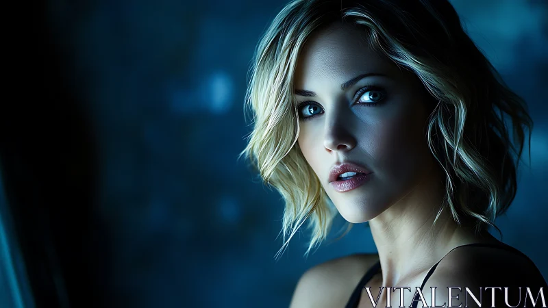 Moonlit gaze in electric teal, a quiet storm of portrait light.