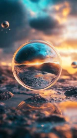 3D atmospheric sphere over reflective alien shoreline at dusk.