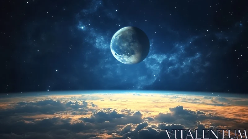 Lunar horizon aligned above sunrise-lit cloudscape in orbit.