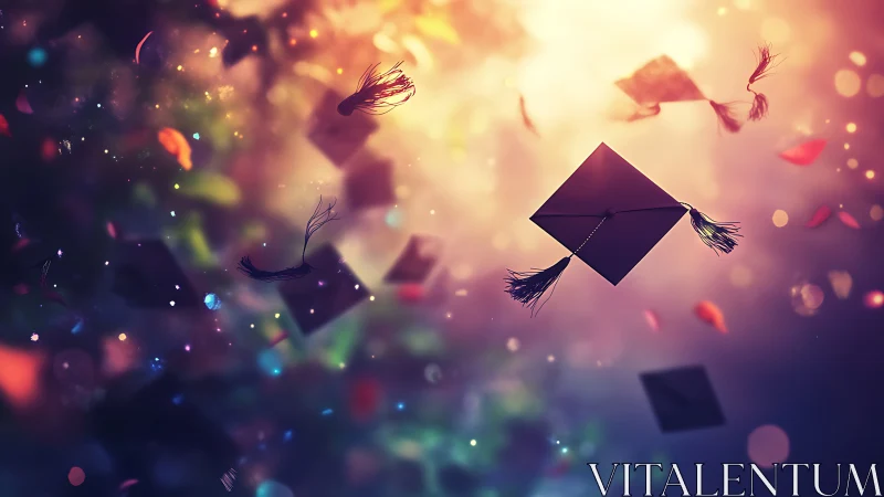 Graduation caps suspended midair against diffuse bokeh light.