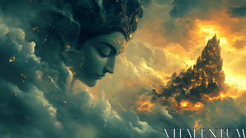 Celestial deity dreaming above a burning sky citadel.