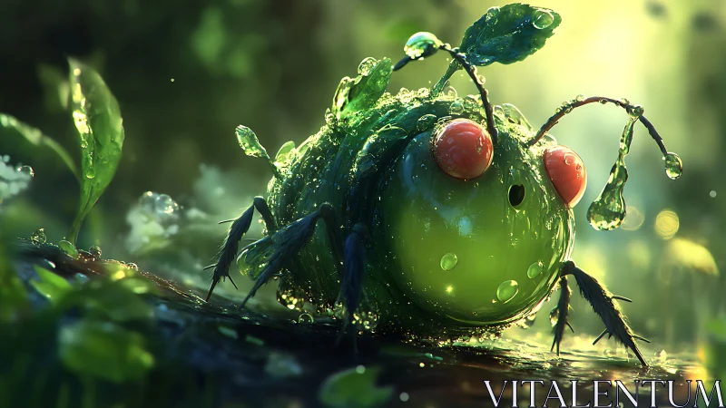 Dewdrop leaf bug awakens in glowing forest dawn light.