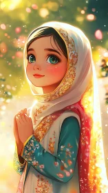 Sunlit girl in embroidered hijab cradles hopeful prayers softly.