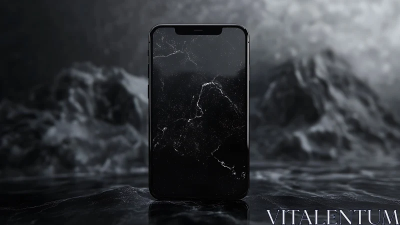 Black smartphone standing on reflective dark surface.