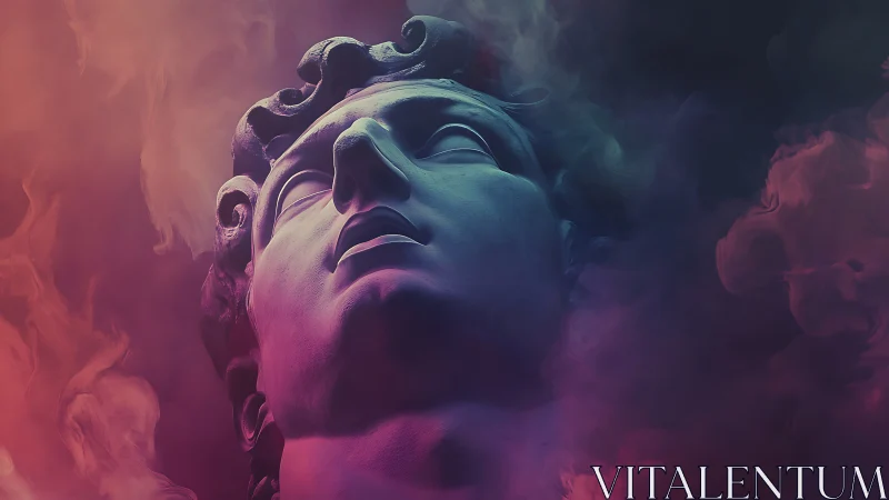 Neoclassical stone bust lit by vivid colored smoke haze.