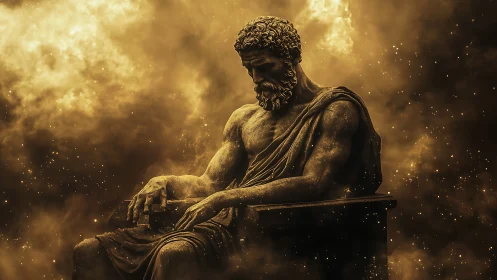 Golden contemplative statue resting in a glowing cosmic haze.