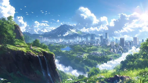 Mountain city skyline beneath radiant blue summer sky.