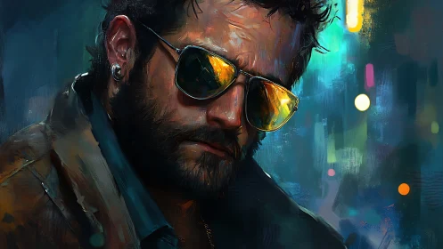 Moody neon portrait of brooding man with gold shades.
