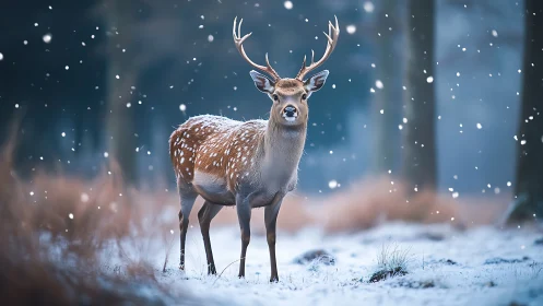 Stag standing in quiet snowy forest during gentle snowfall.