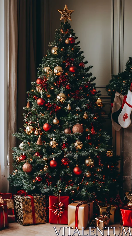 Decorated indoor Christmas tree stands with wrapped gifts