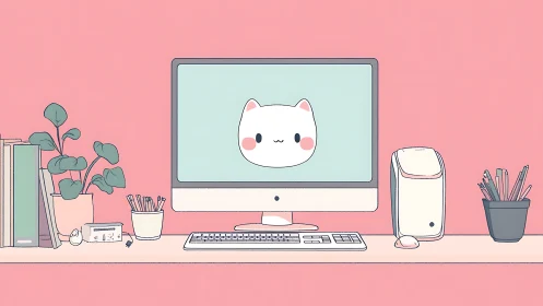 Minimalist desk workspace shows computer with cat graphic