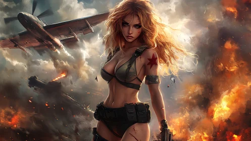 Fierce blonde warrior walking through a storm of fire.