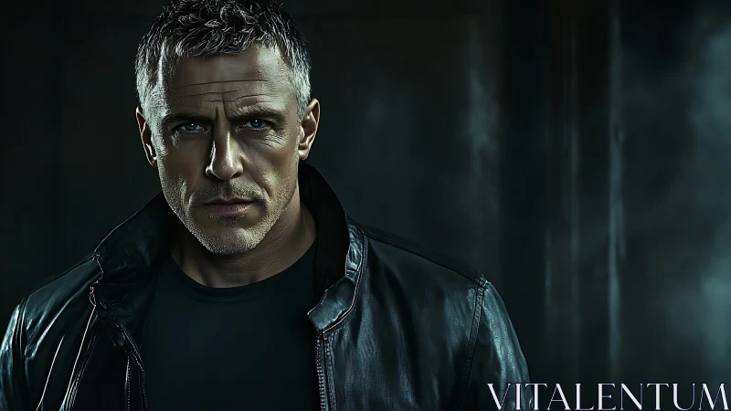 Brooding silver‑haired man in black leather jacket portrait