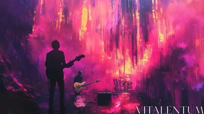 Silhouetted musicians stand before vertical neon backdrop