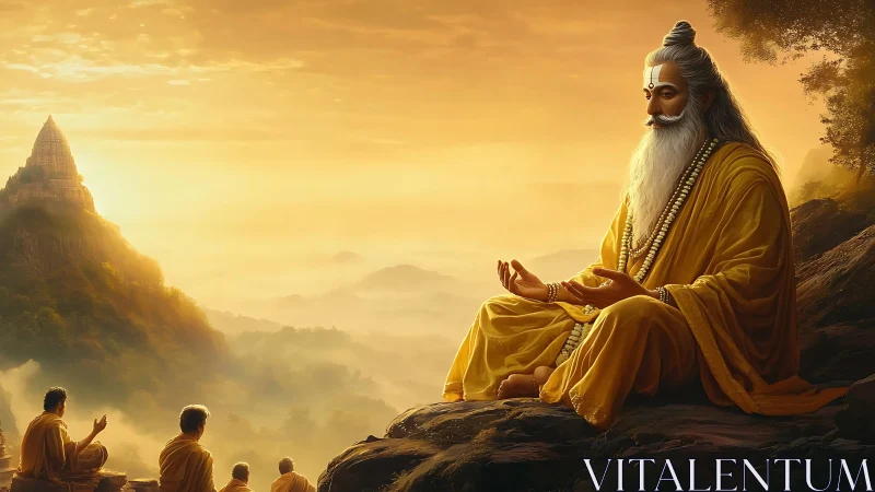 Golden-hour Himalayan sage in meditative mountain panorama