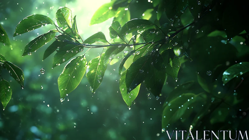 Backlit foliage with specular raindrops in shallow depth-of-field