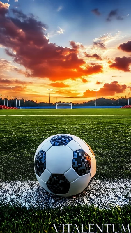 Soccer ball on vivid stadium pitch at sunset horizon.