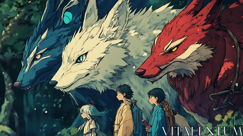 Fantasy wolf guardians accompany three travelers through forest