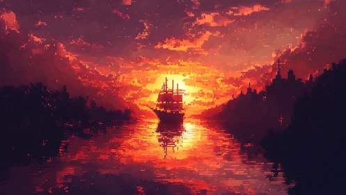Pixel ship silhouette sails through incandescent sunset river.