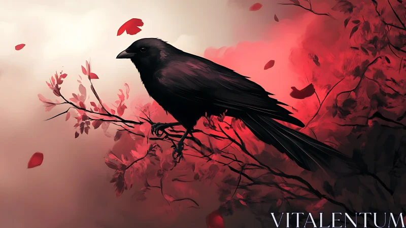 Midnight crow poised on crimson branches at twilight sky.