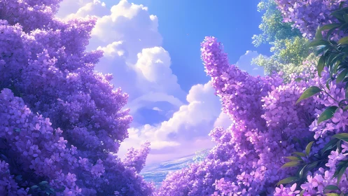 Lavender lilac canopy framing luminous cumulus sky portal