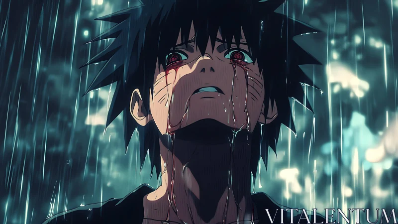 Anime character in rain with blood-streaked face upward.