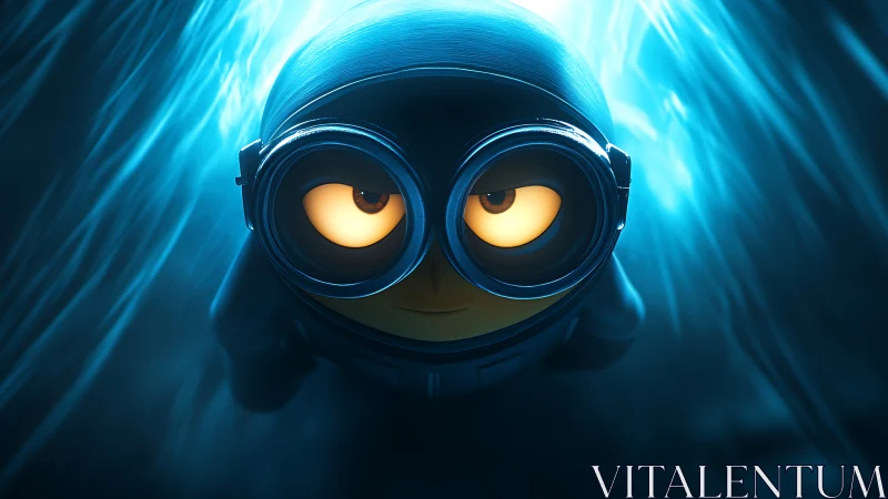 Goggled blue diver drifts through neon-tinted underwater hush.