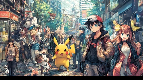 Urban anime street scene with Pikachu and trainers present.