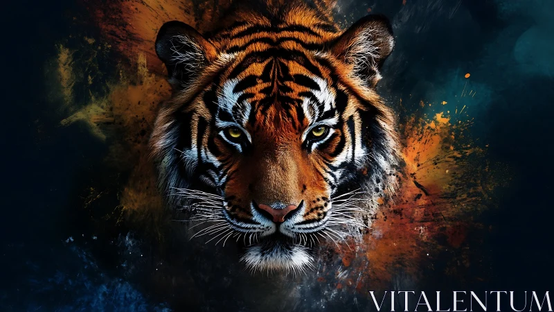 Tiger head is rendered against abstract multicolor background