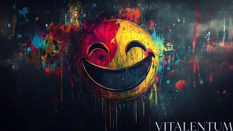 Neon graffiti smiley face glows against dark grunge wall