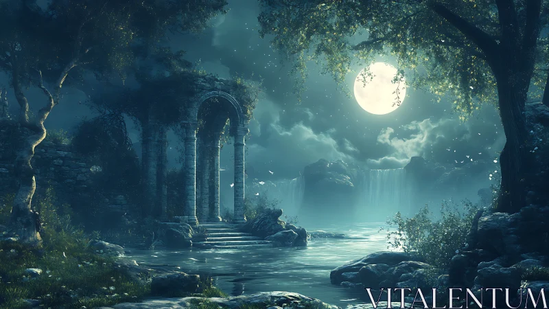 Luminescent moonlit ruins frame a mystical waterfall basin