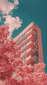 Midrise balconies framed by infrared-tinted urban foliage