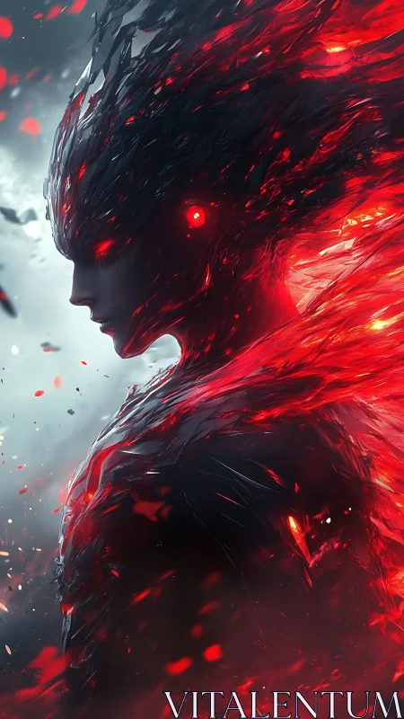 Flaming cyber entity emerges in shards of molten light.