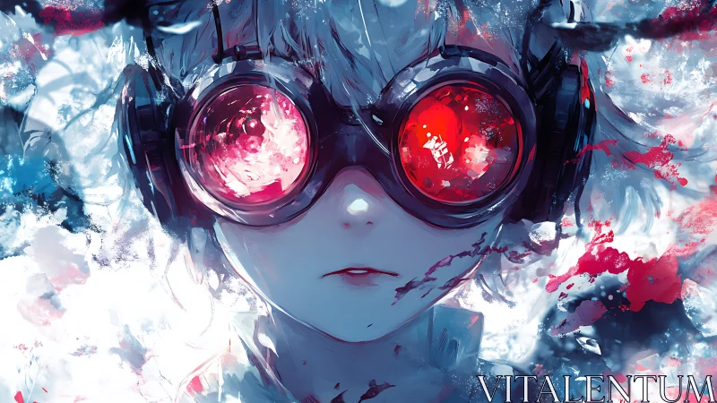 Cybernetic youth with luminous red goggles in splatter abstraction