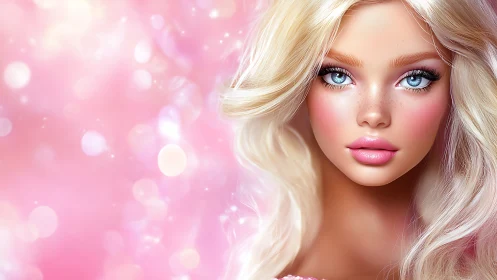 Digital painting portrait with bokeh pink glamour lighting.