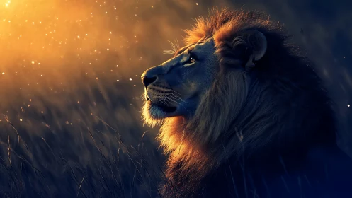 Golden twilight lion gazing into drifting sparkles of light.