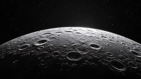Lunar horizon with cratered surface under star field.