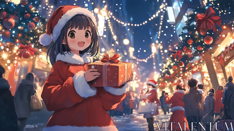 Smiling girl holds Christmas gift on glowing city street