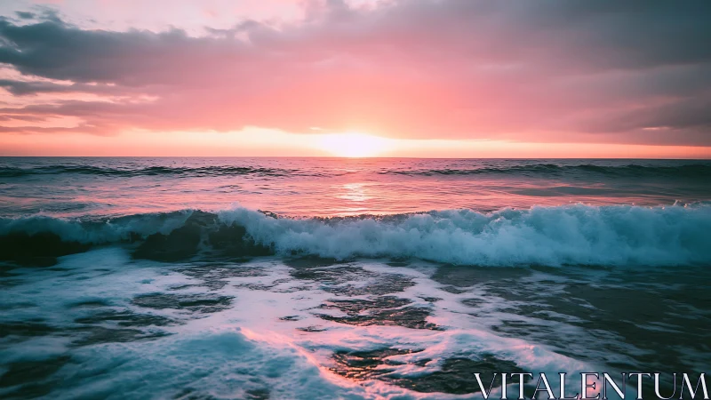 Sunset surf ignites cotton-candy waves along tranquil horizon.