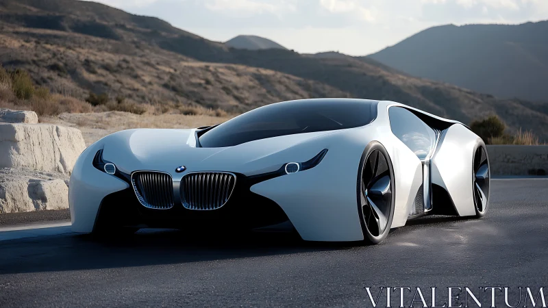 Futuristic white BMW concept car on winding mountain road.
