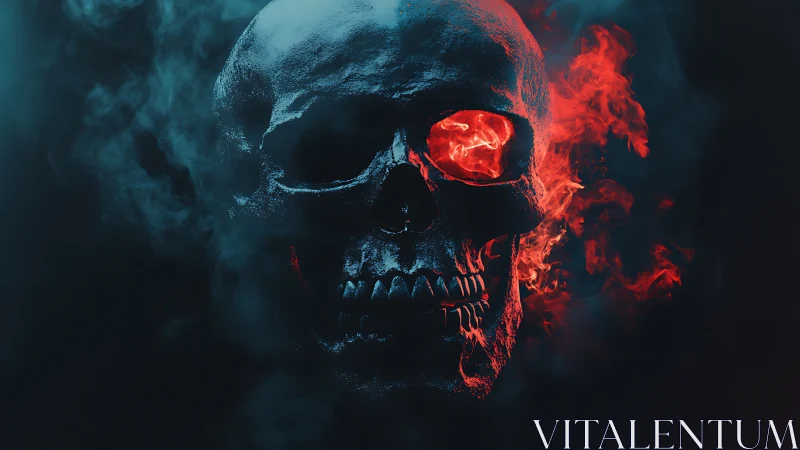 Burning skull emerges from smoke in high-contrast digital render