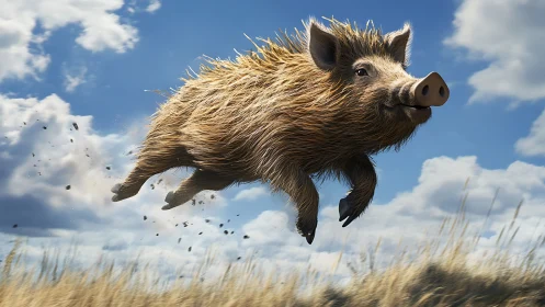 Wild boar mid-leap through windswept golden grasslands.
