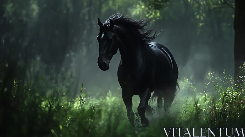 Black horse running through misty green forest light.