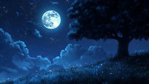 Lunar-illuminated hillside meadow with silhouetted tree at night