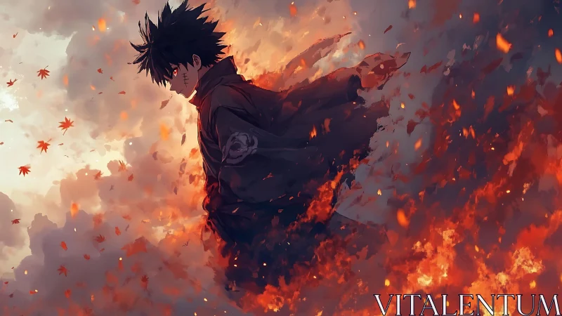 Storm-tossed anime warrior drifting through embers and sky.