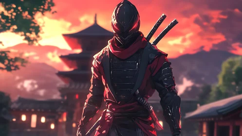 Armored cyber-ninja strides before temple at incendiary sunset