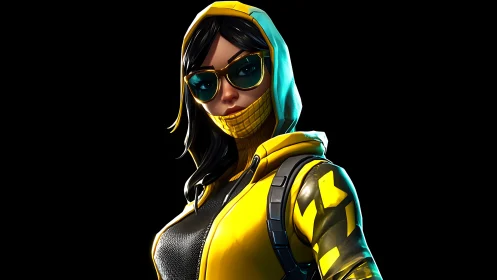 Hooded cyber street hero in yellow tactical style portrait.